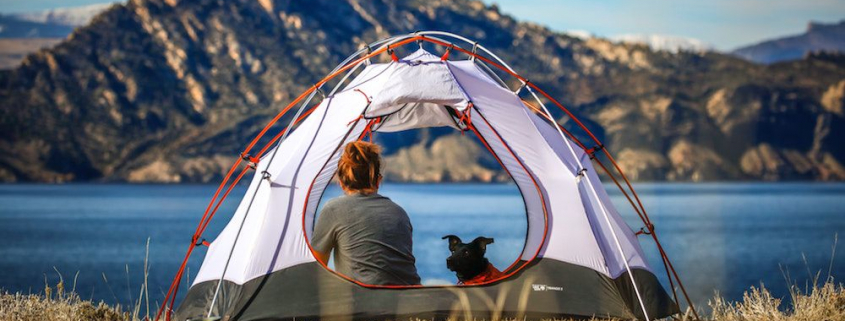 Frau und Hund in einem Zelt am See